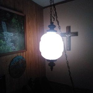 White carnival pendant hanging lamp dated as a 1962antique